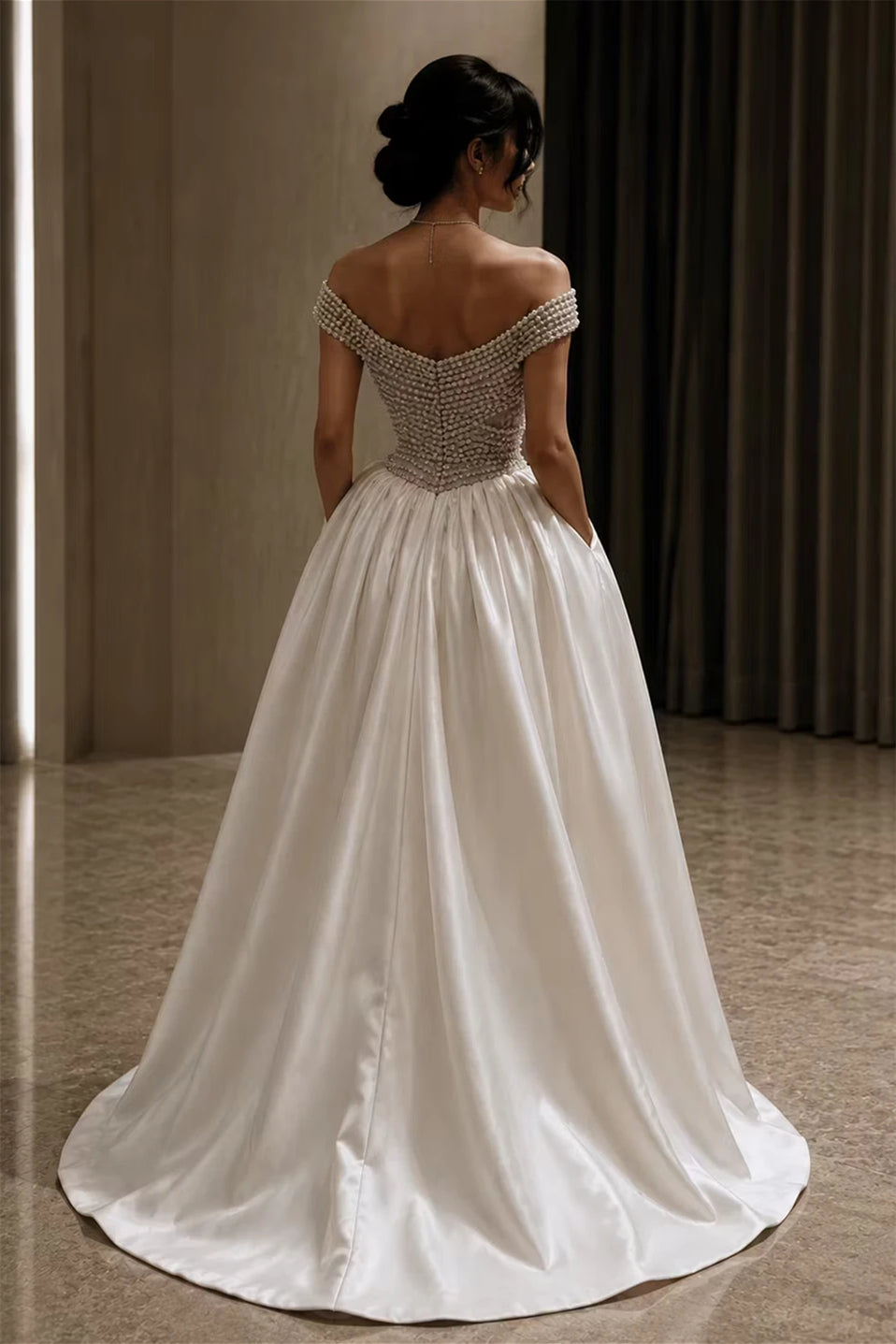 Graceful Off-the-Shoulder Satin Prom Dresses A-Line Gem Pockets With Pleats Zipper