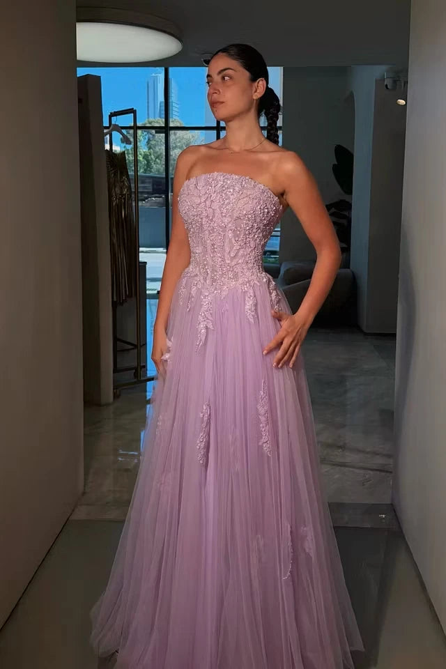 Elegant Lilac Strapless Sleeveless Tulle Prom Dresses A-Line With Beads