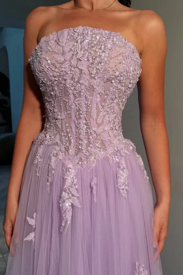 Elegant Lilac Strapless Sleeveless Tulle Prom Dresses A-Line With Beads