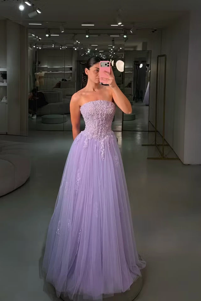 Elegant Lilac Strapless Sleeveless Tulle Prom Dresses A-Line With Beads