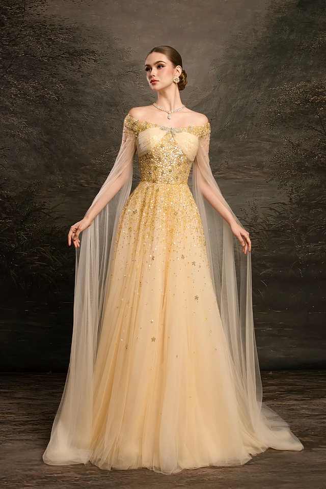 Timeless Gold Off The Shoulder Tulle Prom Dresses A-Line Sequins With Beads
