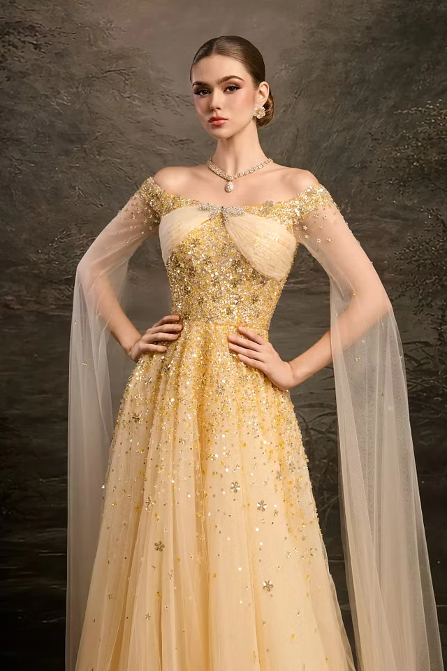Timeless Gold Off The Shoulder Tulle Prom Dresses A-Line Sequins With Beads