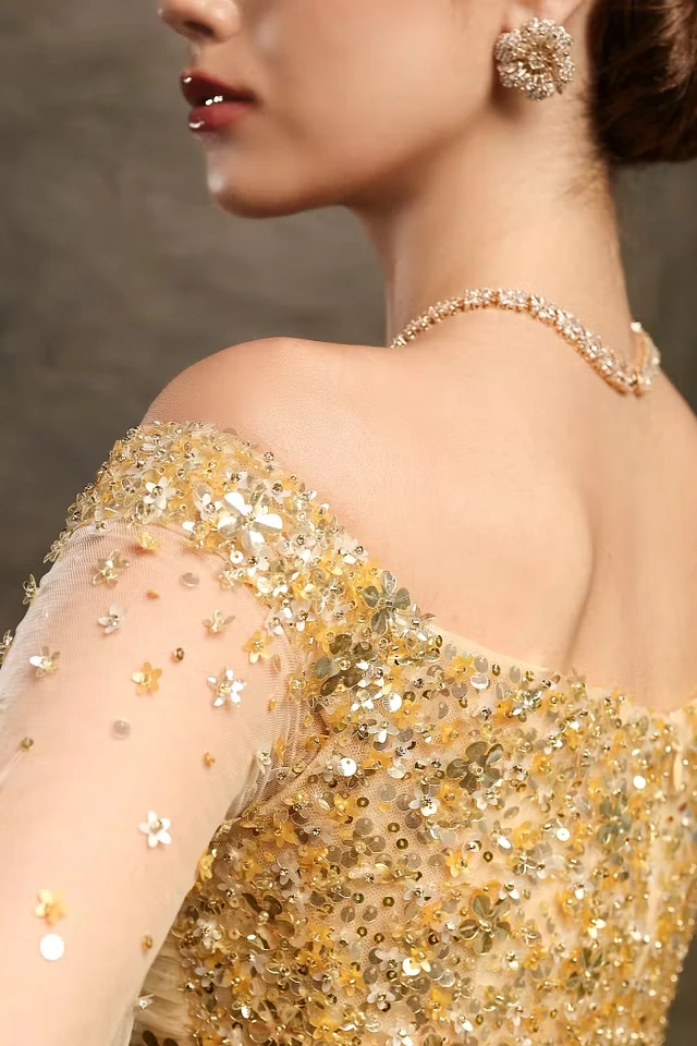 Timeless Gold Off The Shoulder Tulle Prom Dresses A-Line Sequins With Beads