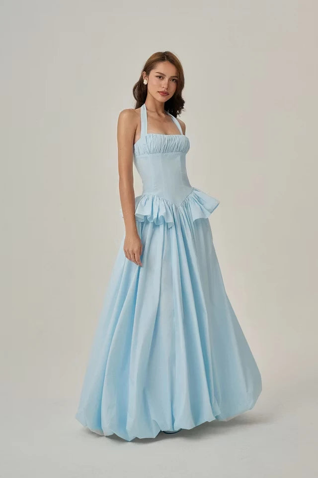 Pretty Sky Blue Halter Sleeveless Satin Prom Dresses A-Line With Zipper Pleats