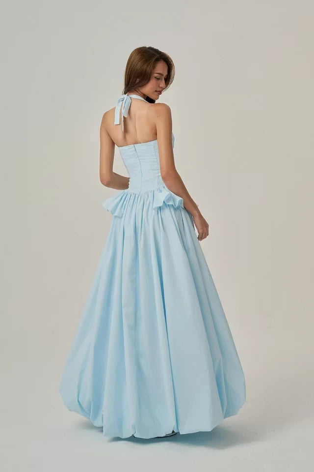 Pretty Sky Blue Halter Sleeveless Satin Prom Dresses A-Line With Zipper Pleats