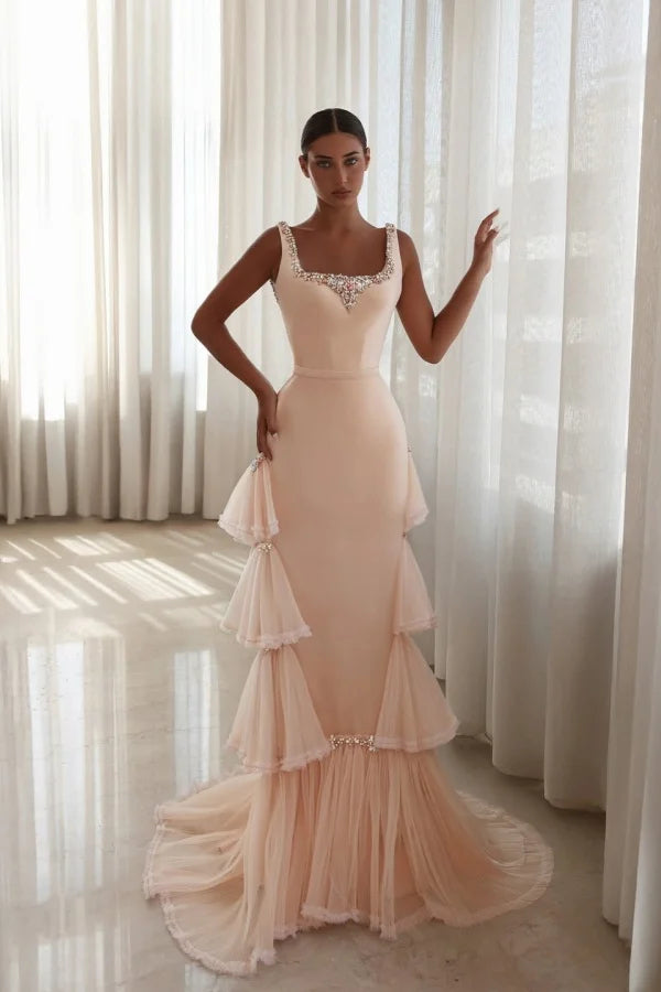 Graceful Straps Sleeveless Satin Tulle Mermaid Prom Dresses Backless Gem With Pleats