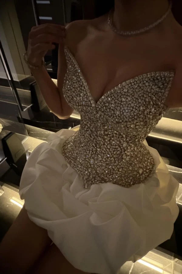Dazzling White V-Neck Strapless Sleeveless Homecoming Dresses Mini With Gem