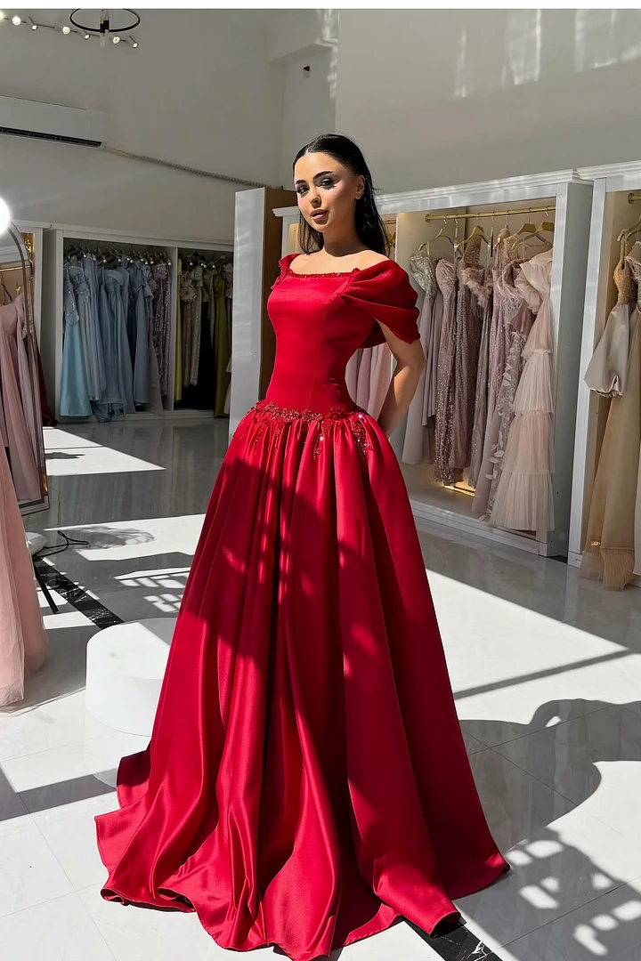 Graceful Red Off-the-Shoulder Satin Prom Dresses A-Line With Beads Pleats