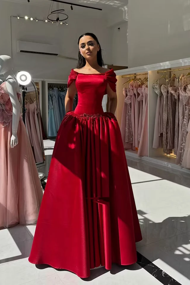 Graceful Red Off-the-Shoulder Satin Prom Dresses A-Line With Beads Pleats