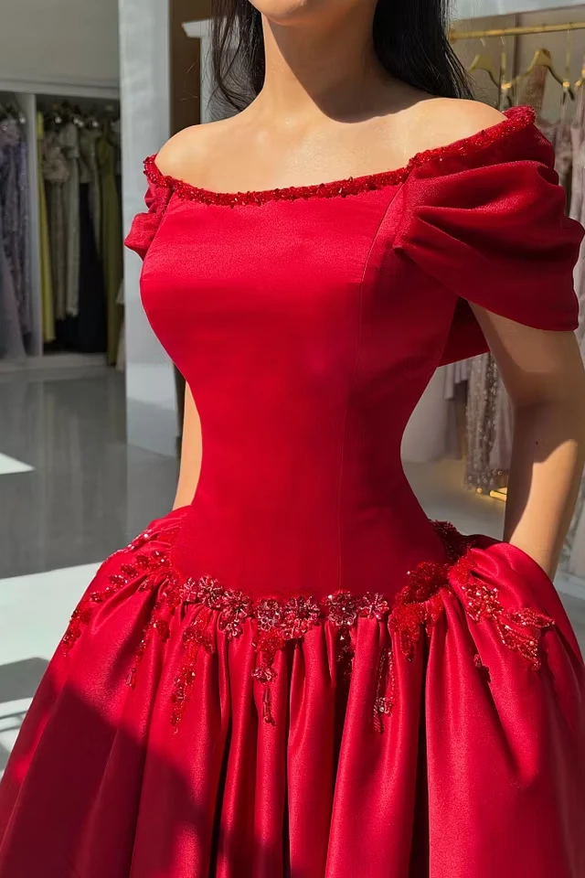 Graceful Red Off-the-Shoulder Satin Prom Dresses A-Line With Beads Pleats