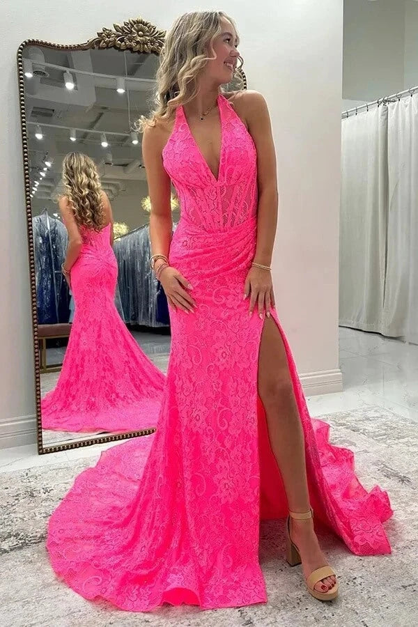 Charming Fuchsia V-Neck Halter Sleeveless Lace Prom Dresses Mermaid Zipper With High Split
