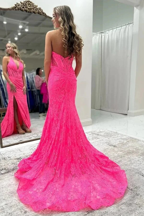 Charming Fuchsia V-Neck Halter Sleeveless Lace Prom Dresses Mermaid Zipper With High Split