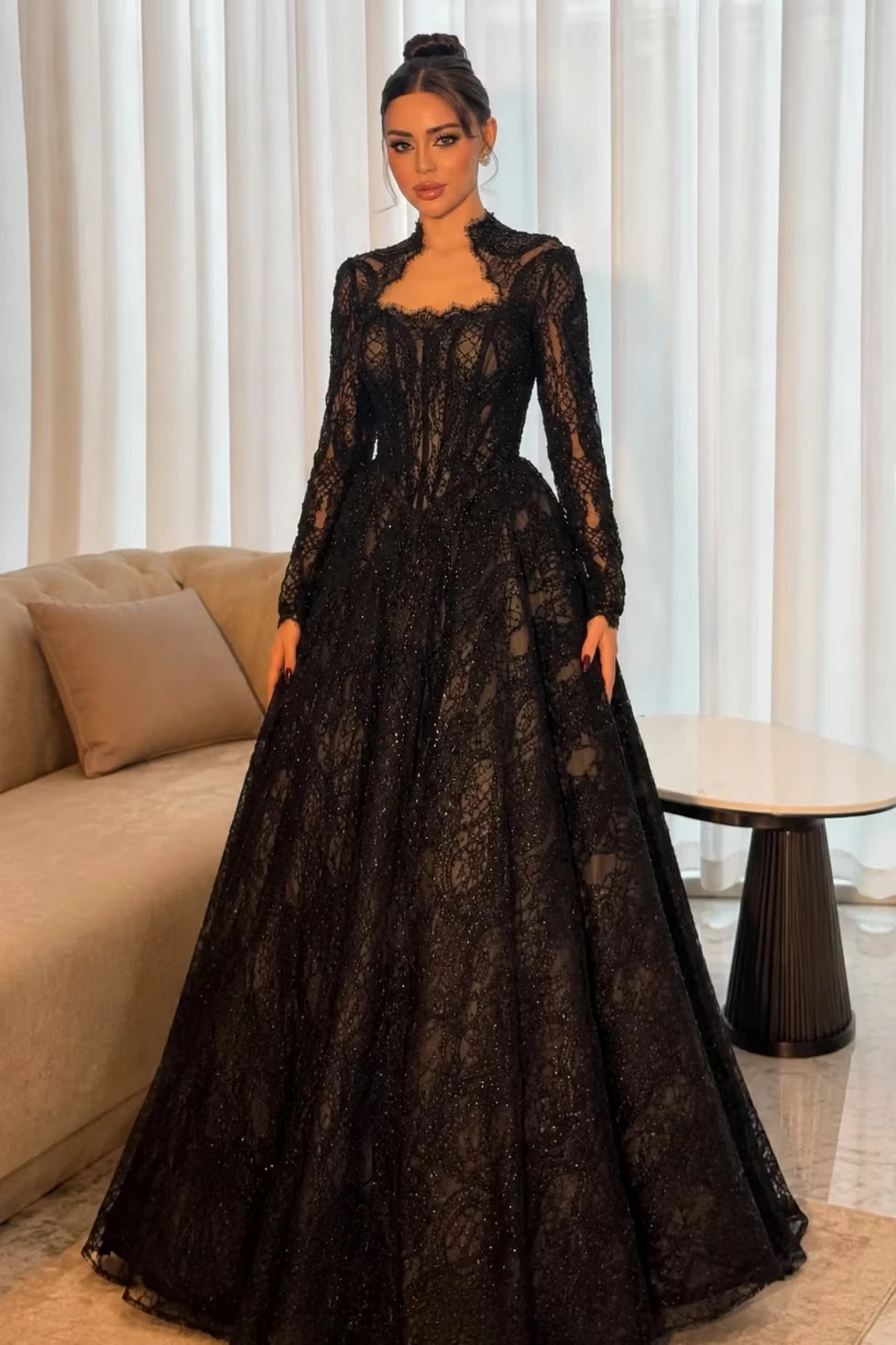 Graceful Black Long Sleeves Lace Prom Dresses A-Line With Zipper