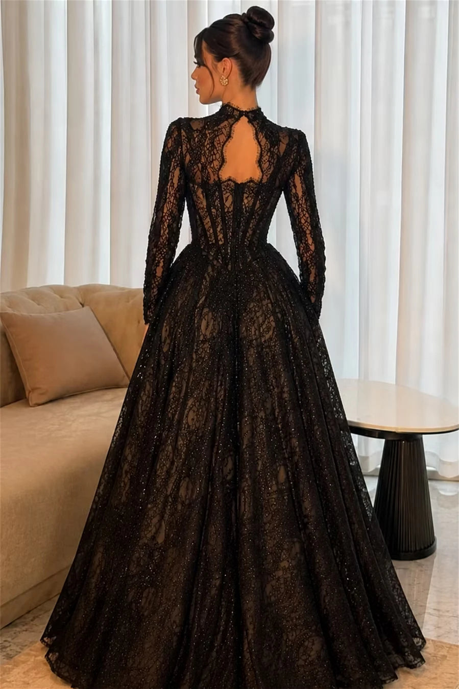 Graceful Black Long Sleeves Lace Prom Dresses A-Line With Zipper