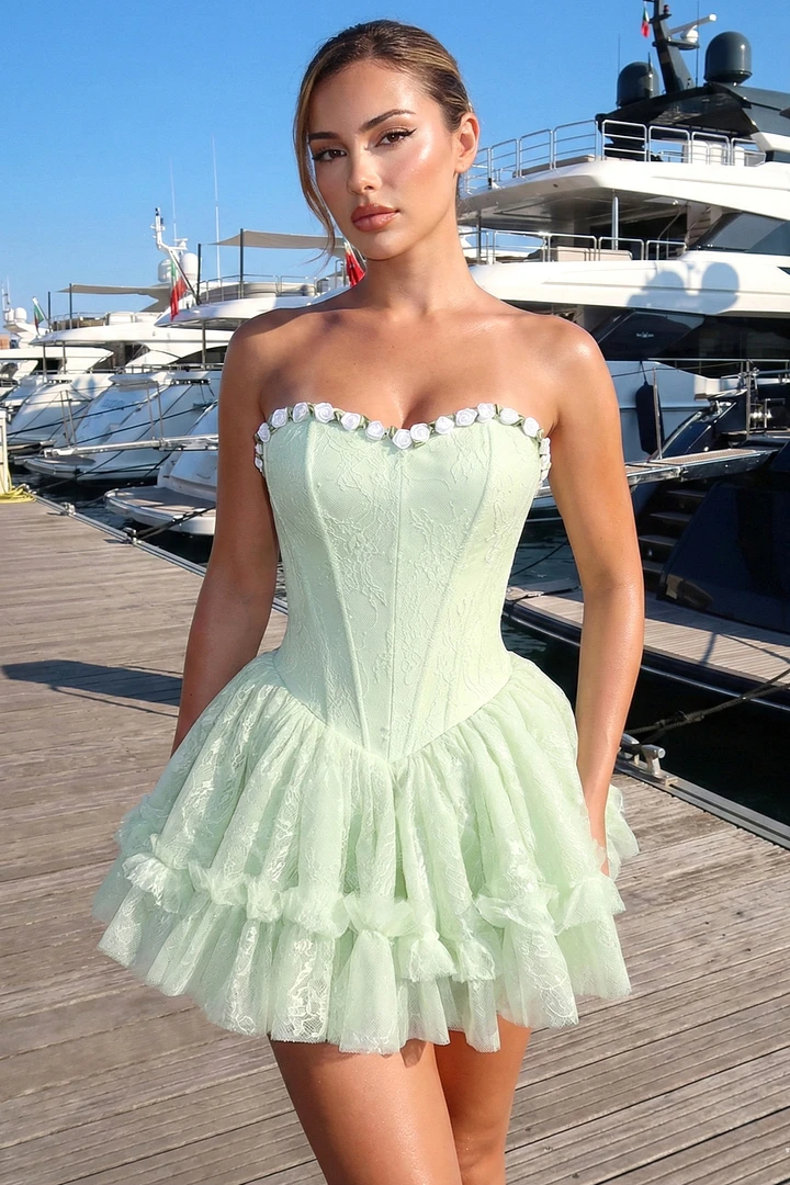 Charming Light Mint Green Sweetheart Strapless Sleeveless Lace Homecoming Dresses Mini With Pleats