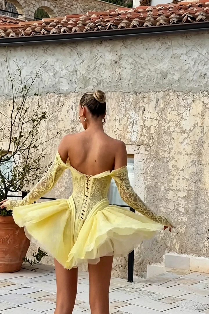 Timeless Daffodil Sweetheart Long Sleeves Lace Homecoming Dresses Mini With Lace-Up Back
