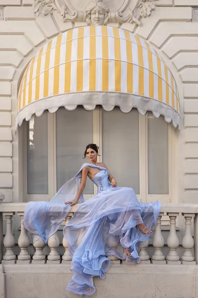 Elegant Dusty Blue Strapless Sleeveless Prom Dresses A-Line With Lace-Up Back