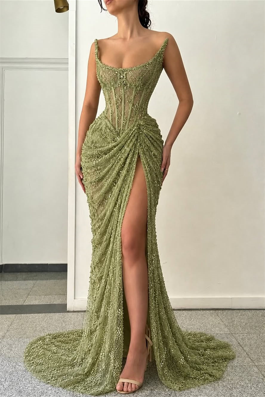 Charming Green Strapless Sleeveless Mermaid Prom Dresses Sheath With High Split