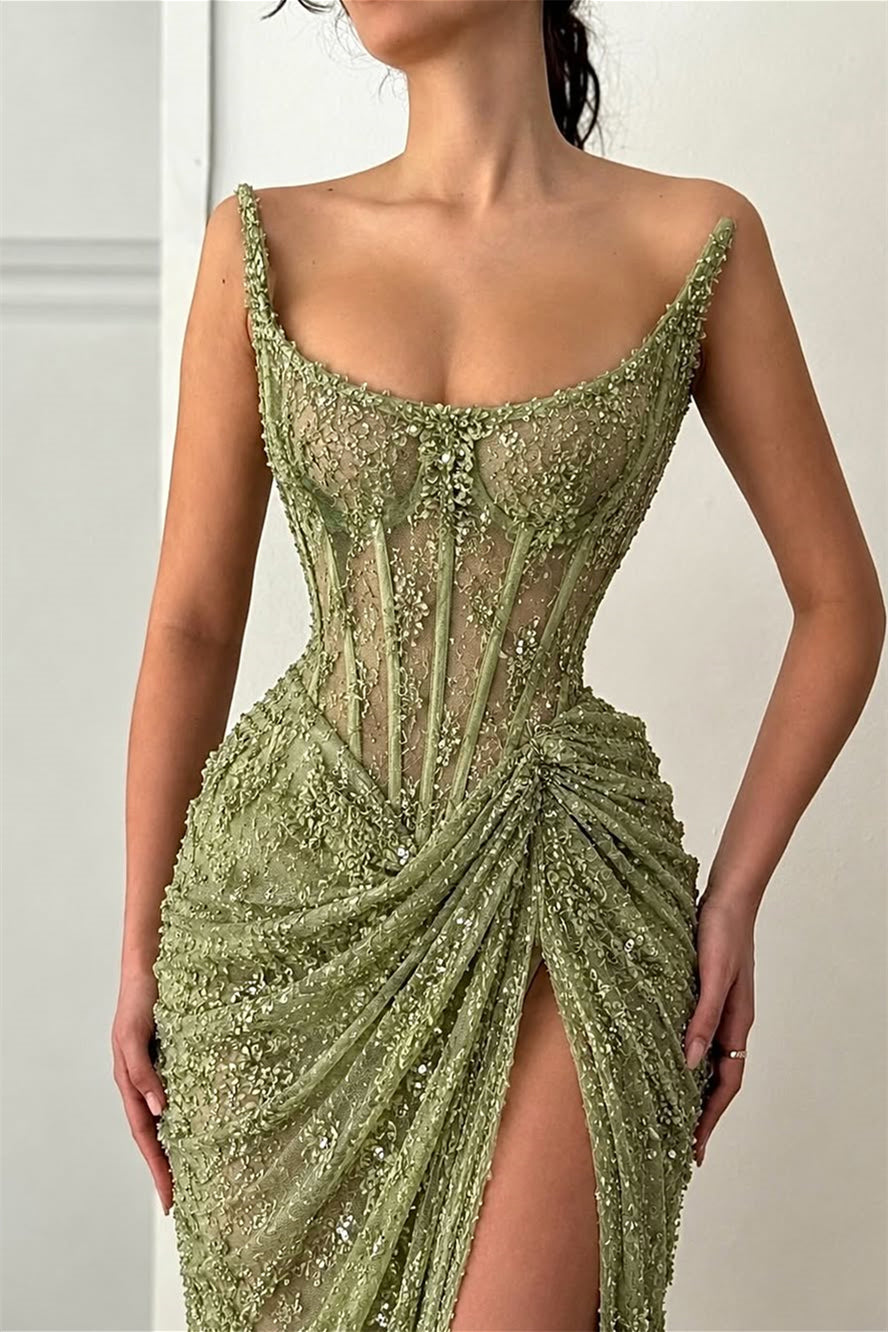 Charming Green Strapless Sleeveless Mermaid Prom Dresses Sheath With High Split