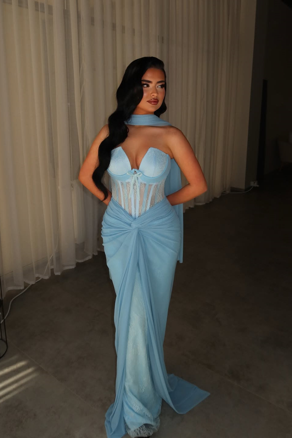 Glamorous Blue Strapless Sleeveless Lace Mermaid Prom Dresses Column With Pleats