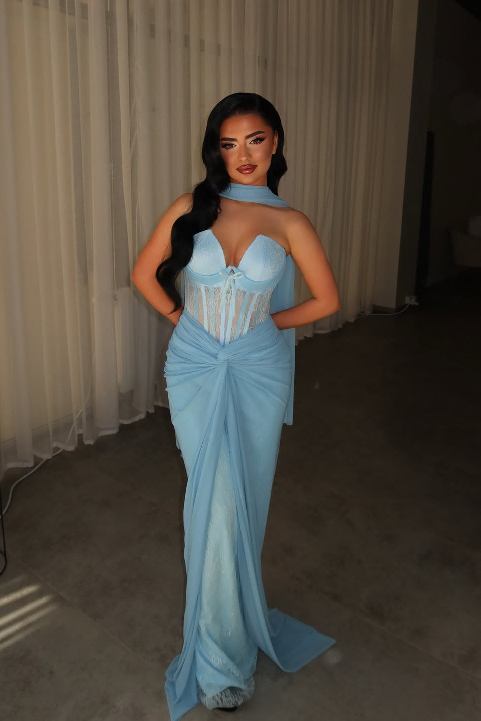 Glamorous Blue Strapless Sleeveless Lace Mermaid Prom Dresses Column With Pleats