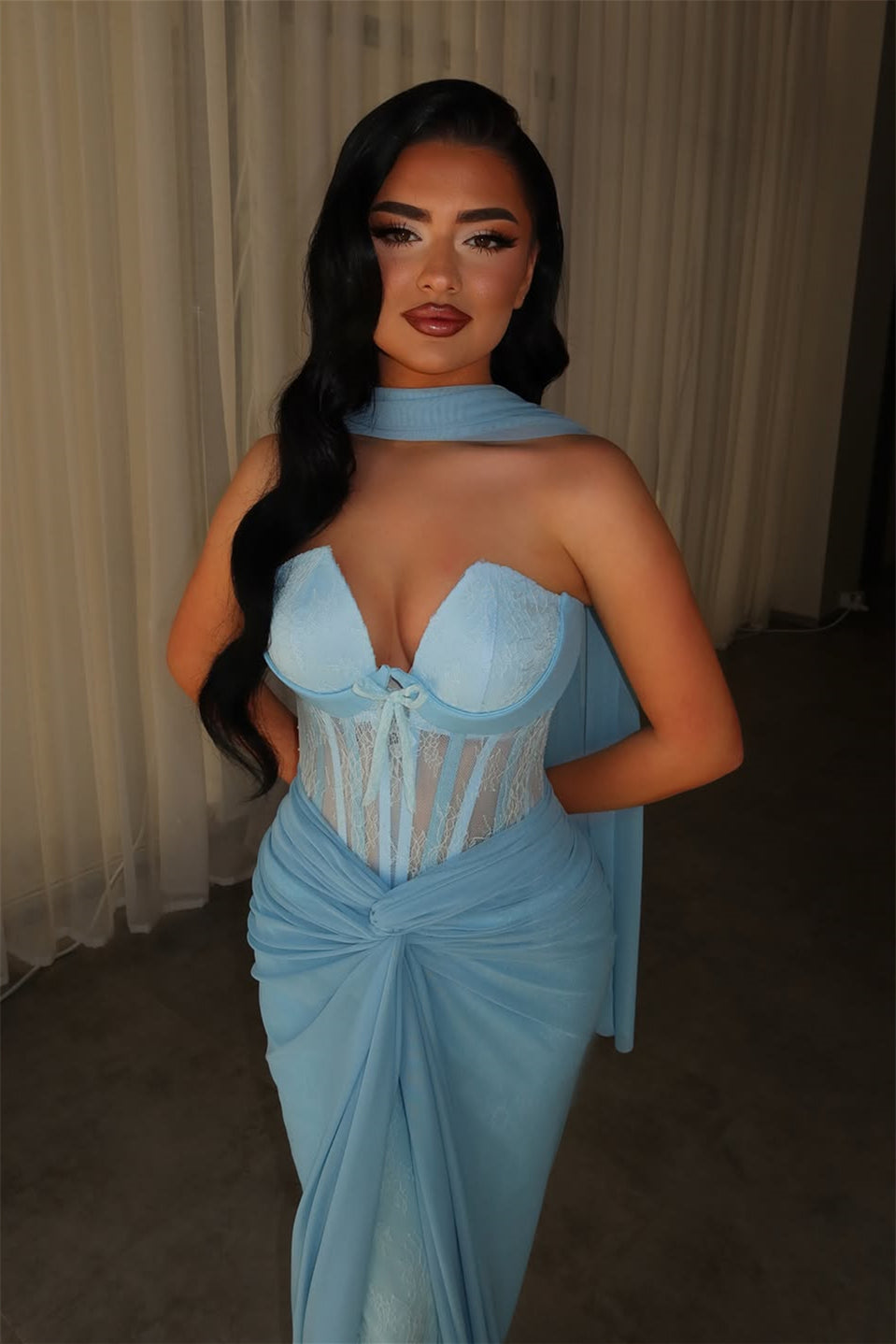 Glamorous Blue Strapless Sleeveless Lace Mermaid Prom Dresses Column With Pleats