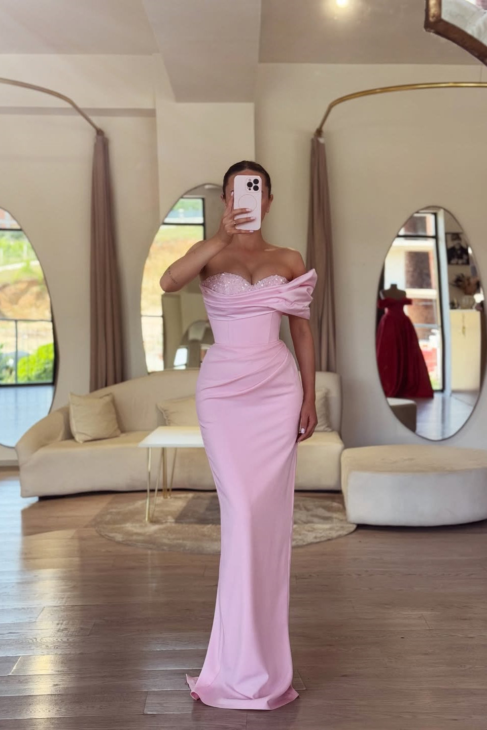 Charming Pink One-Shoulder Satin Mermaid Prom Dresses Sheath With Beads