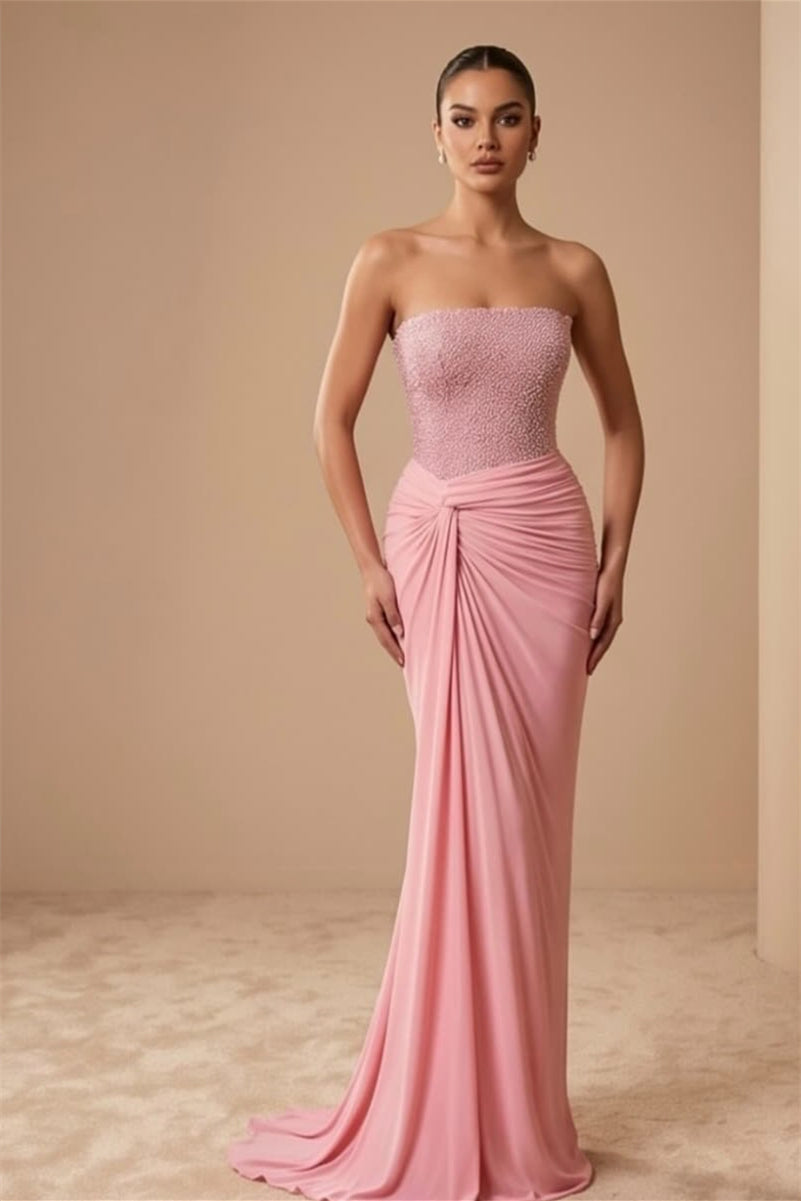 Glamorous Pink Strapless Sleeveless Mermaid Prom Dresses Sheath Sequins With Pleats
