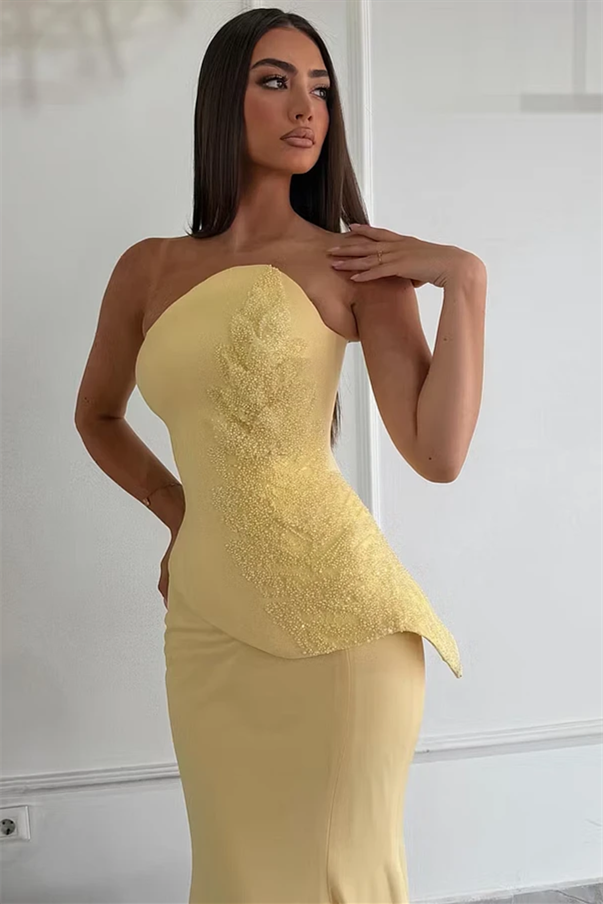 Dazzling Yellow Strapless Sleeveless Satin Mermaid Prom Dresses Column With Zipper