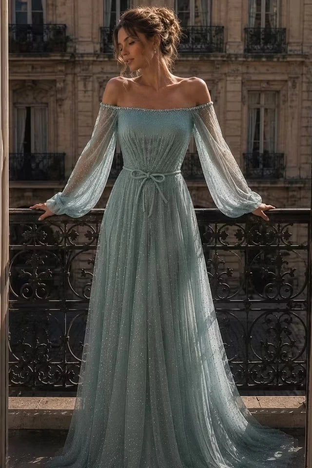 Charming Dusty Blue Off The Shoulder Long Sleeves Prom Dresses A-Line Gem With Zipper Pleats