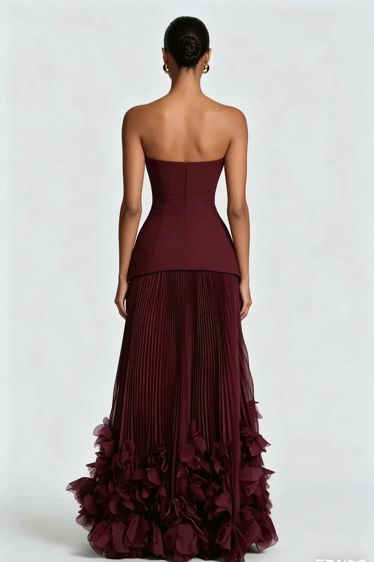 Chic Cabernet Strapless Sleeveless Floor-Length Prom Dresses Zipper With Pleats