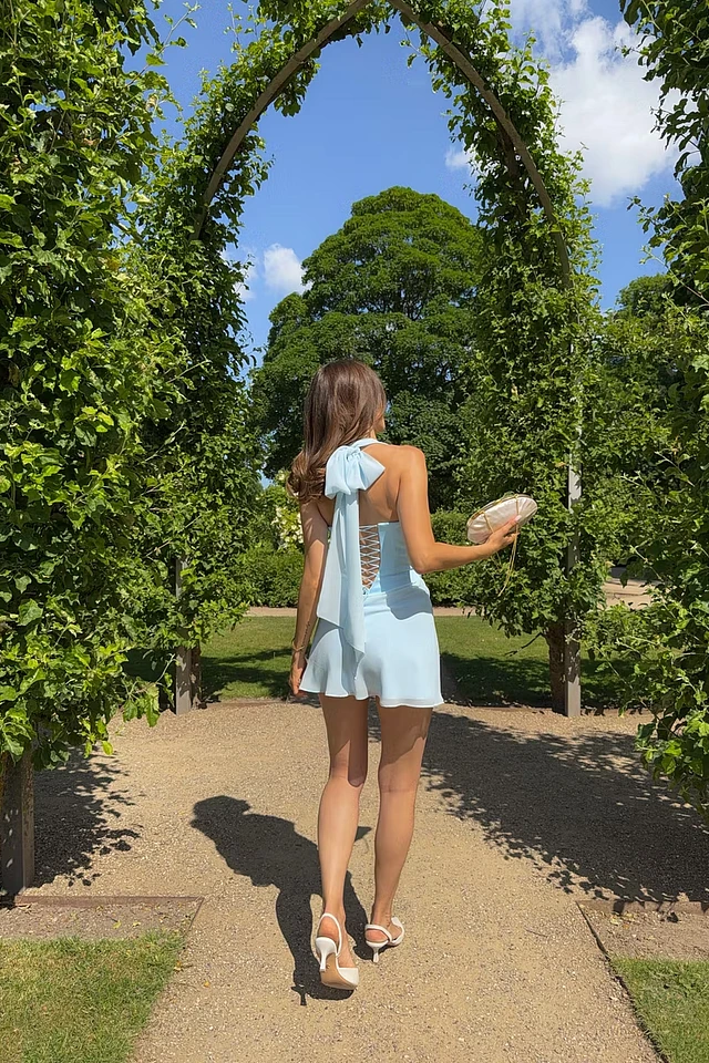 Chic Sky Blue Halter Sleeveless Satin Homecoming Dresses Mini Zipper With Lace-Up Back