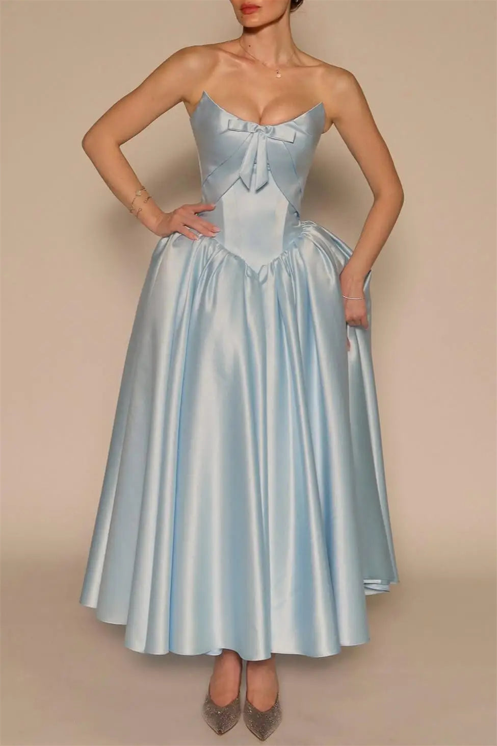Graceful Sky Blue Strapless Sleeveless Satin Prom Dresses Ankle Length Pocket With Lace-Up Back