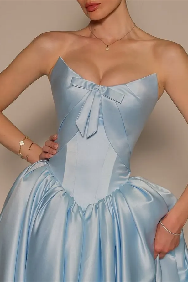 Graceful Sky Blue Strapless Sleeveless Satin Prom Dresses Ankle Length Pocket With Lace-Up Back