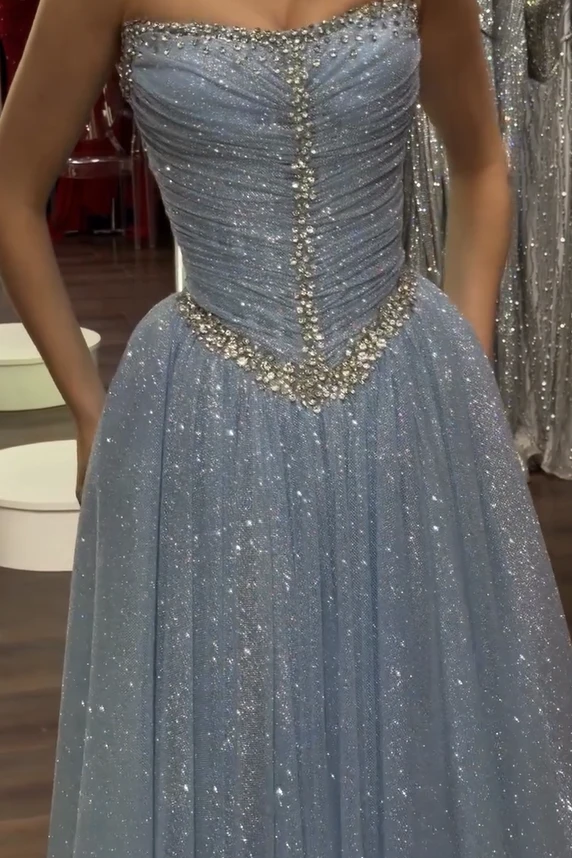 Dazzling Blue Strapless Sleeveless Prom Dresses A-Line Gem With Pleats