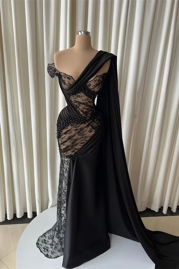Romantic Black One-Shoulder Lace Mermaid Prom Dresses Floor-Length With Beads