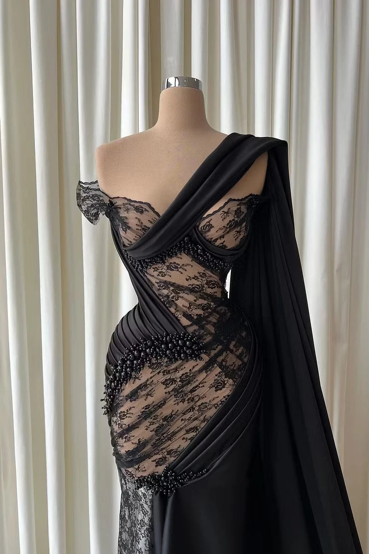 Romantic Black One-Shoulder Lace Mermaid Prom Dresses Floor-Length With Beads