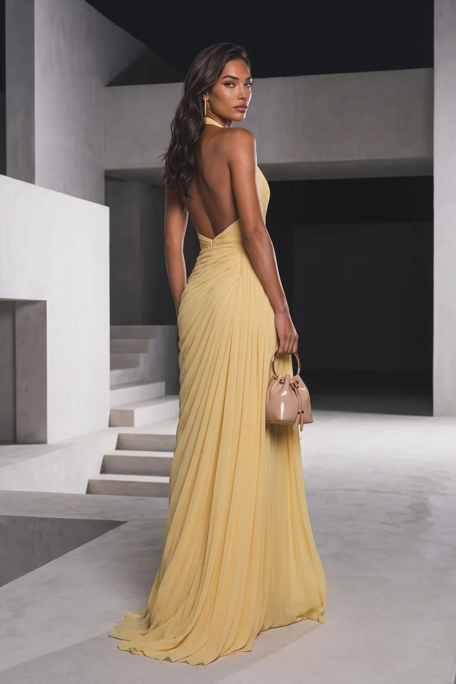 Elegant Daffodil Halter V-Neck Sleeveless Chiffon Prom Dresses Backless High Split With Pleats
