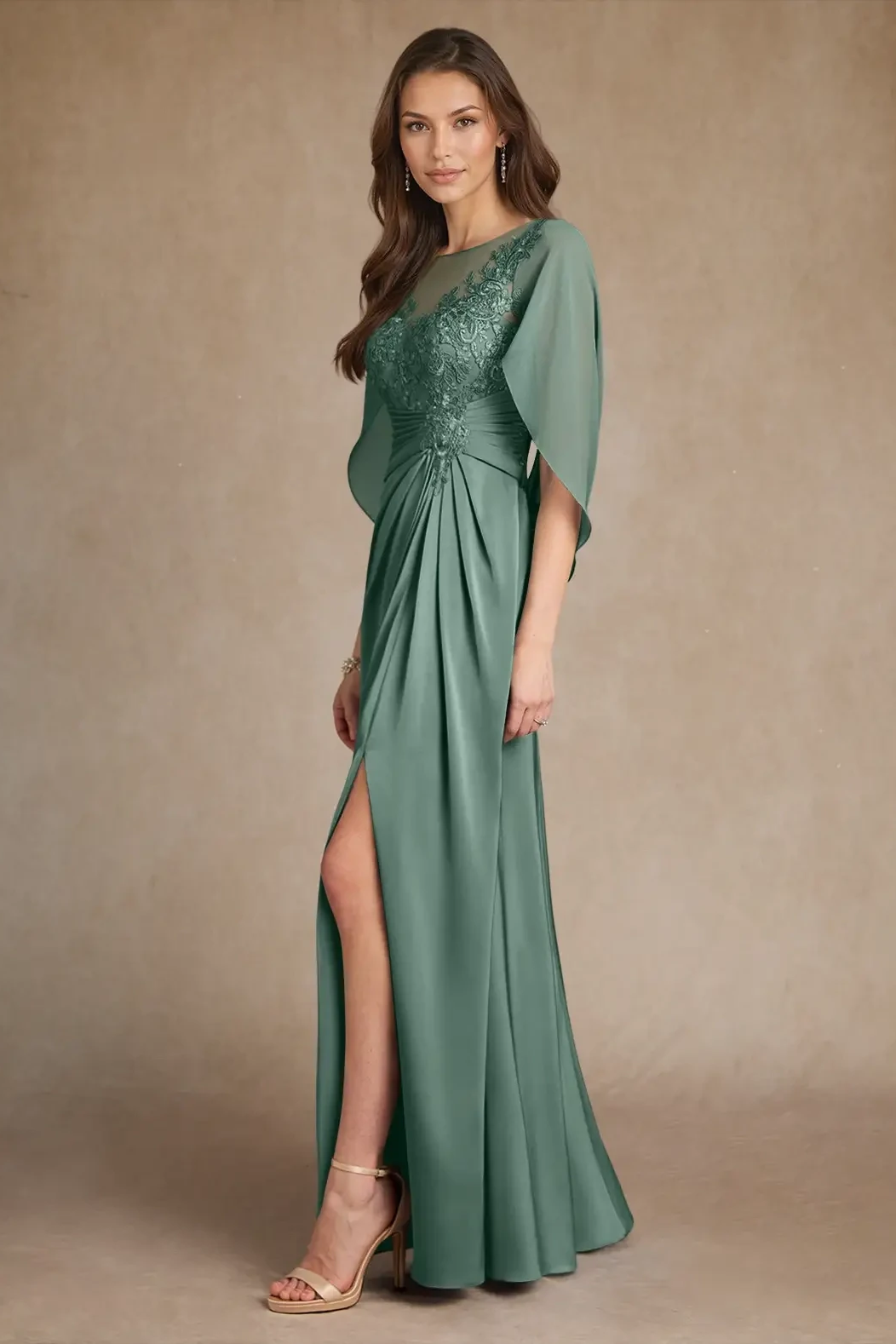 Luxury Dusty Sage Short Sleeves Satin Prom Dresses High Split With Zipper Pleats