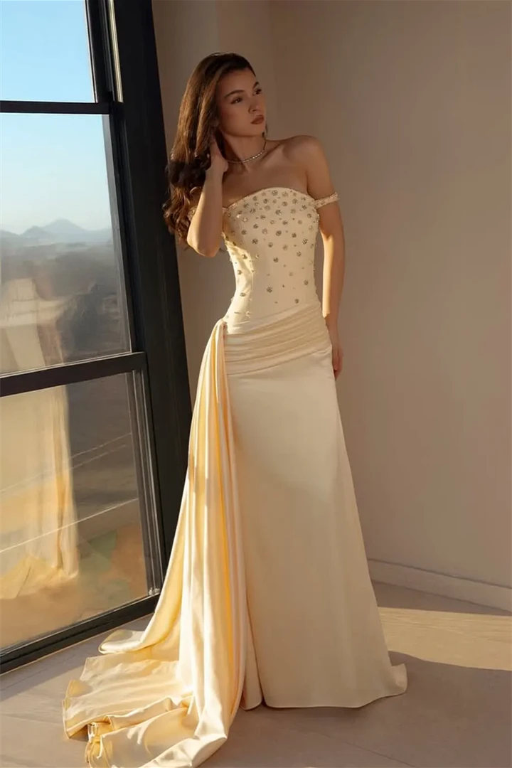 Charming Champagne Off The Shoulder Satin Mermaid Prom Dresses Sheath Gem With Pleats