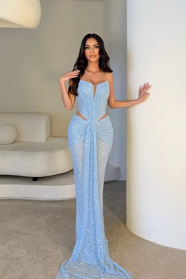 Charming Sky Blue Strapless Sleeveless Mermaid Prom Dresses Column With Pleats
