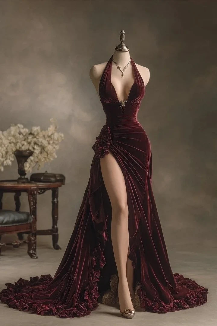Charming V-Neck Sleeveless Velvet Prom Dresses Side Split With Pleats