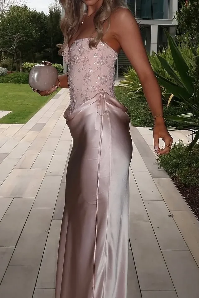 Graceful Dusty Pink Sweetheart Strapless Sleeveless Satin Prom Dresses Column With Lace-Up Back