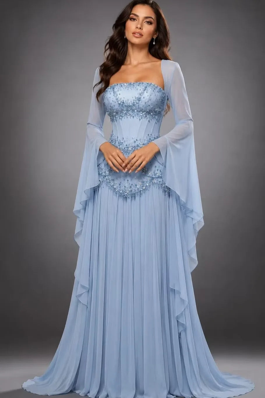 Timeless Blue Long Sleeves Chiffon Prom Dresses Floor-Length With Beading Pleats