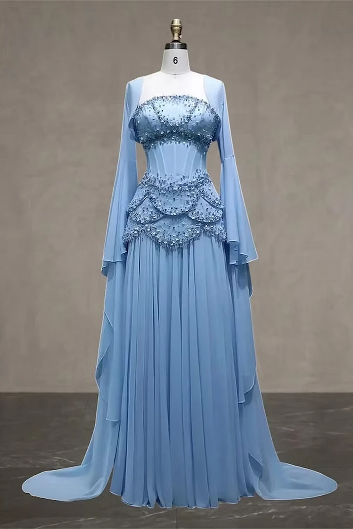 Timeless Blue Long Sleeves Chiffon Prom Dresses Floor-Length With Beading Pleats