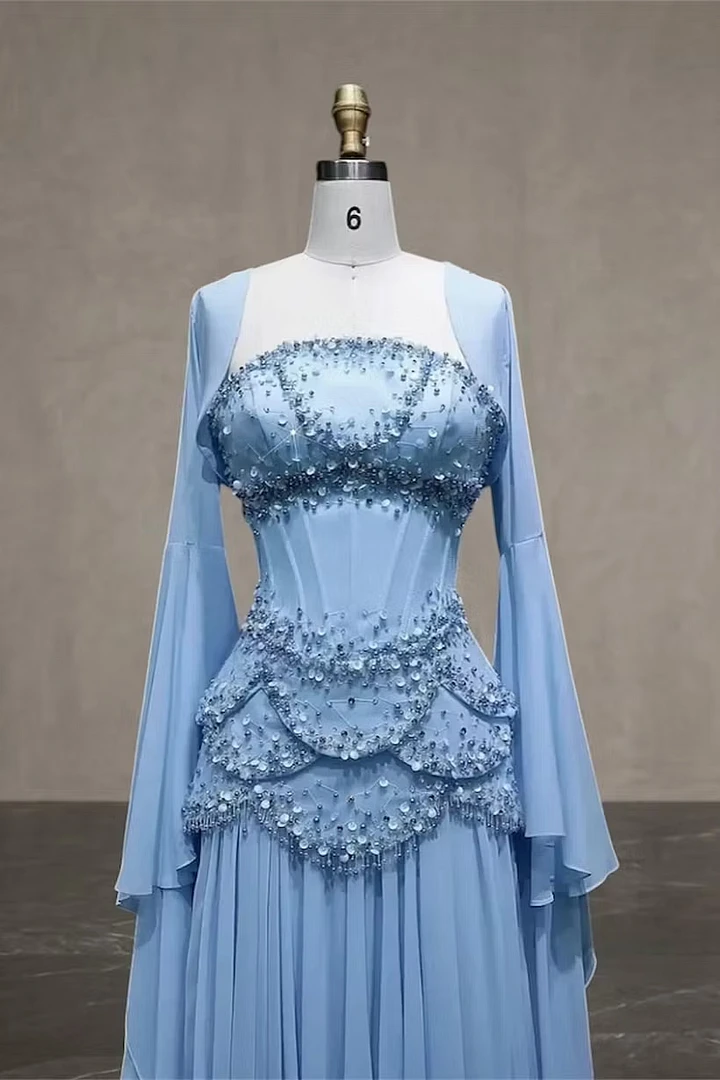 Timeless Blue Long Sleeves Chiffon Prom Dresses Floor-Length With Beading Pleats