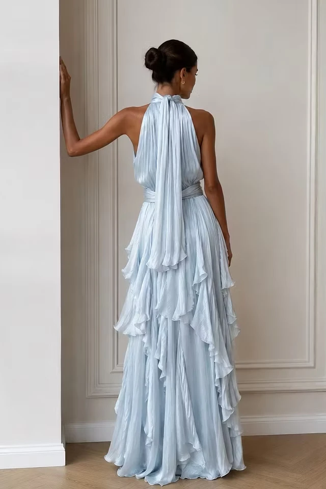Timeless Dusty Blue Halter Sleeveless Chiffon Prom Dresses Floor Length With Pleats