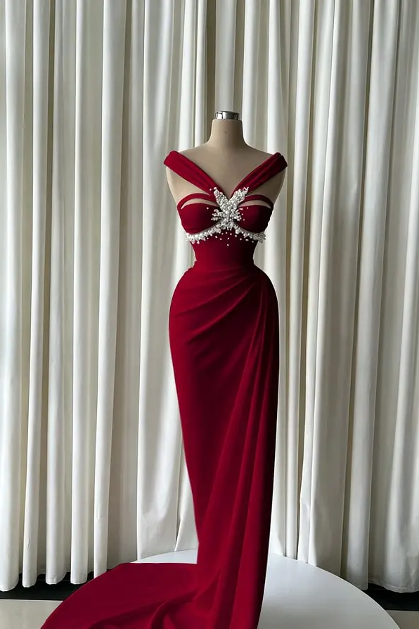 Graceful Burgundy Sleeveless Satin Mermaid Prom Dresses Sheath Pearls With Pleats