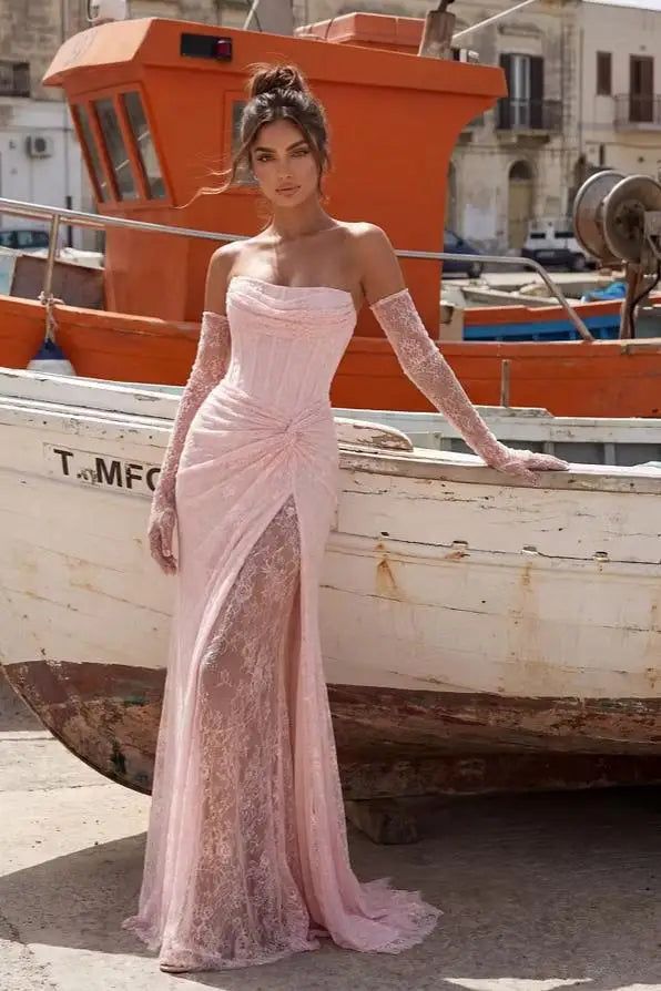 Glamorous Pink Strapless Sleeveless Lace Mermaid Prom Dresses Sheath With Lace-Up Back