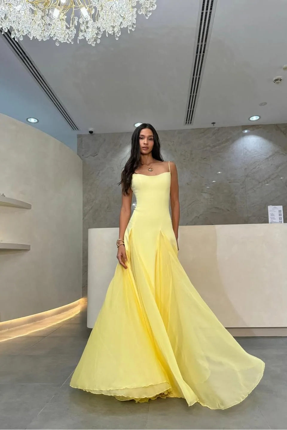 Charming Yellow Spaghetti-Straps Sleeveless Prom Dresses Floor-Length With Pleats
